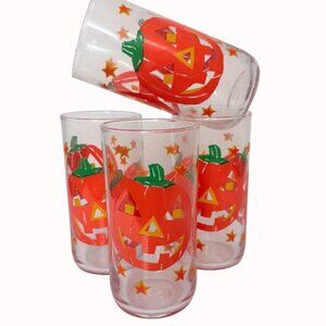Libbey Halloween Pumpkin Drinking Glasses Set of 4 Tumblers VTG 70s JackOLantern